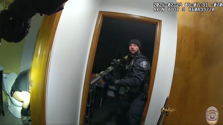 While responding to a burglary alarm at a property Thursday, Lakewood, CO, police surprised a suspect who was sitting on the toilet and taking a bathroom break.