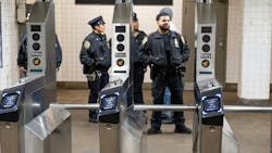 NYPD officers inside the Hoyt Street/Schermerhorn Street Station Stop in Brooklyn on March 15.