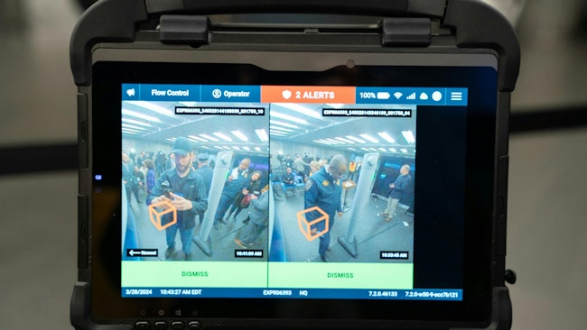 A display indicating a detected weapon is pictured on an Evolv weapons detection system before a press conference announcing weapons detectors for the New York City subway system in the Fulton Transit Center on Thursday,