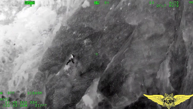 In a thrilling rescue, a man clinging to a gravel rock face at a national park site was winched to safety by a crew in a Sonoma County Sheriff's helicopter