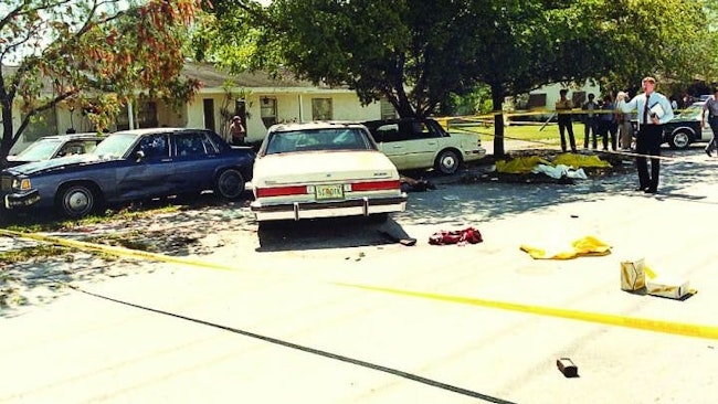 A crime scene photograph of the shootout's aftermath shows the suspects' and agents' vehicles, a dropped shotgun, and debris.