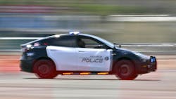The Anaheim, CA, Police Department&rsquo;s new Tesla Model Y gets a workout in the parking lot of Angel Stadium on Monday. The EV is one of six the department is testing as patrol vehicles.