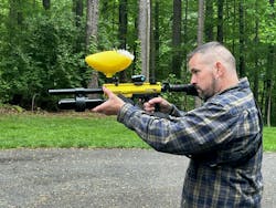 Cpl. Ian Webster testing the PepperBall TAC-SA PRO