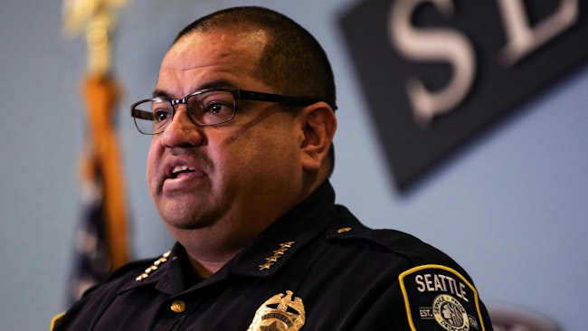 Seattle Police Chief Adrian Diaz speaks during a 2023 press conference.