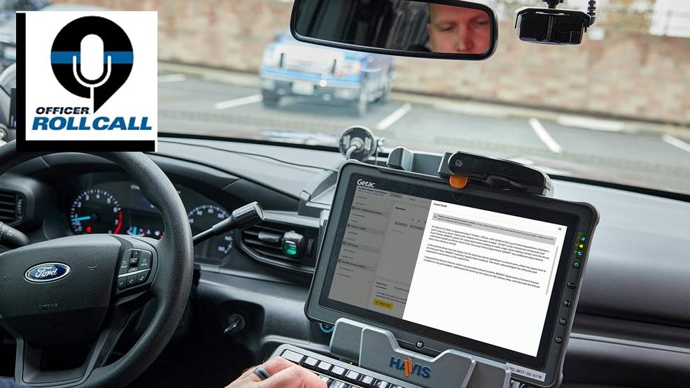 An officer uses Axon's Draft One, which can use auto-transcribed body-worn camera audio and other features to generate police report narratives.