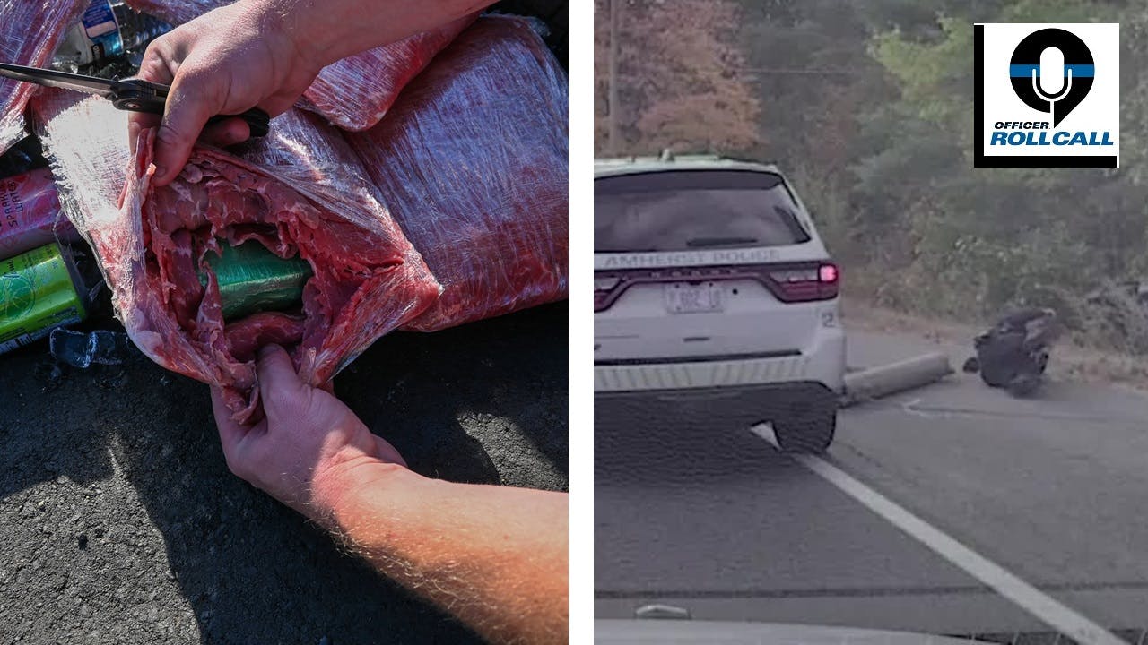 California Highway Patrol officers discovered 11-pounds of fentanyl in packets of carne asada recently (left). An Amherst, N.H., police officer was knocked off his feet in a strange roadside accident.