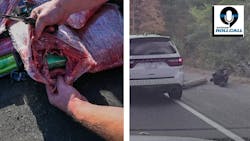 California Highway Patrol officers discovered 11-pounds of fentanyl in packets of carne asada recently (left). An Amherst, N.H., police officer was knocked off his feet in a strange roadside accident. California Highway Patrol officers discovered 11-pounds of fentanyl in packets of carne asada recently (left). An Amherst, N.H., police officer was knocked off his feet in a strange roadside accident.