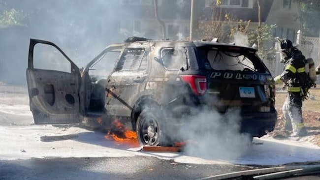 A brush fire spread to and heavily damaged a Greenwich, CT, police vehicle during a medical call Wednesday.