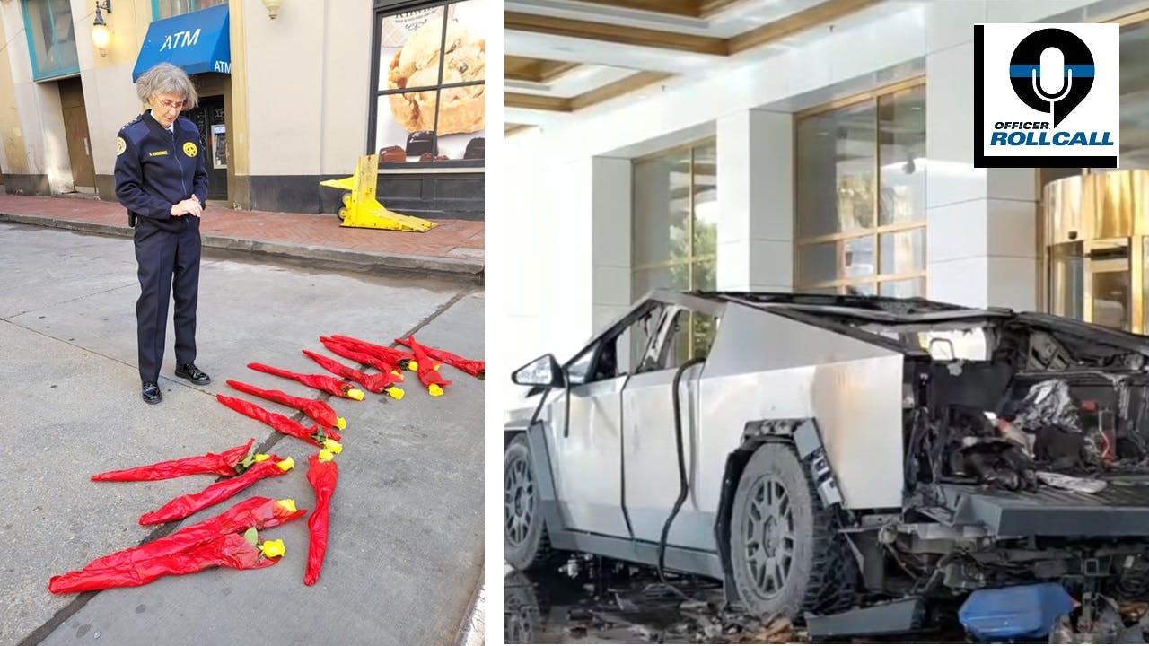 (Left) New Orleans Police Superintendent Anne Kirkpatrick observes a memorial of roses for the victims in the New Year's Day attack in the French Quarter. The remains of a Tesla Cybertruck that exploded Wednesday outside a Las Vegas hotel owned by President Donald Trump.
