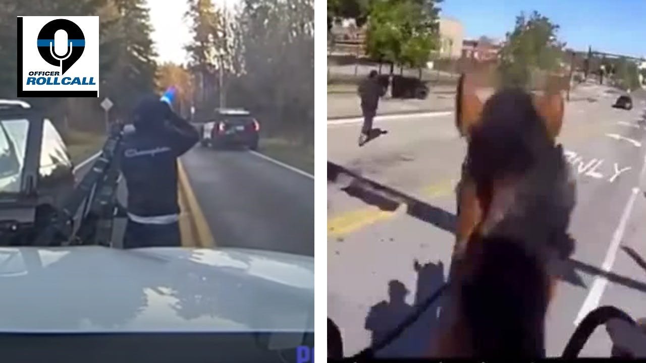 A suspect takes a drink of vodka (left) at the end of a pursuit with Thurston County, WA, sheriff's deputies. A Jacksonville, FL, sheriff's deputy on horseback chases down a drug suspect.