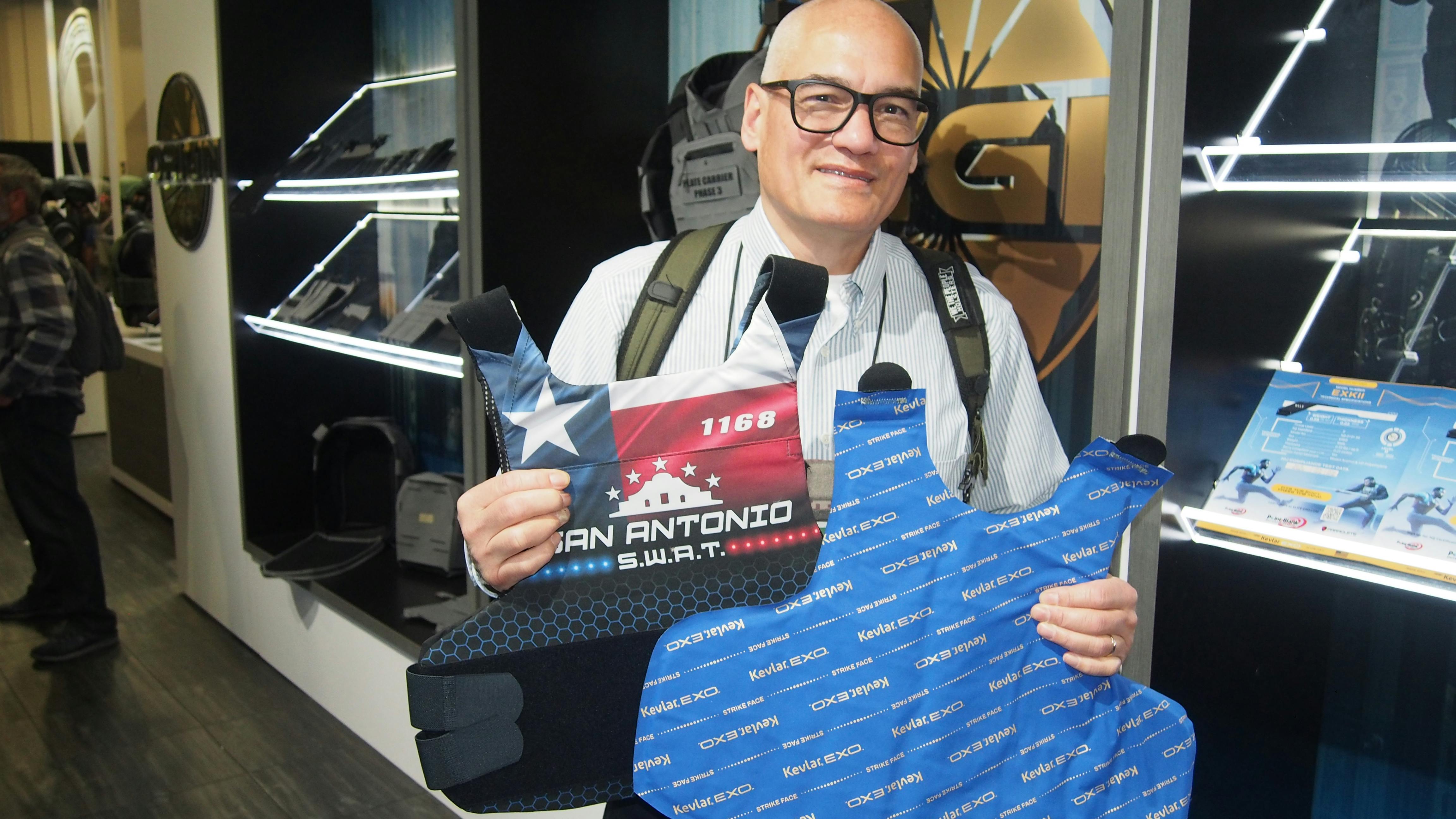 Point Blank Body Armor had amazingly lightweight panels in their Elite EXO EXKIIIA soft armor. This is a Level IIIA vest. The material weighs .847 lbs/sq ft, or almost nothing in the hand.