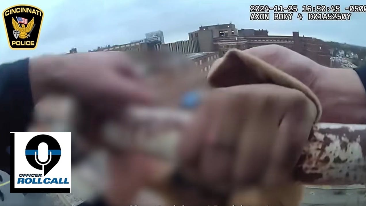 Body camera footage captures a Cincinnati police officer helping to save a woman hanging from a parking ledge.