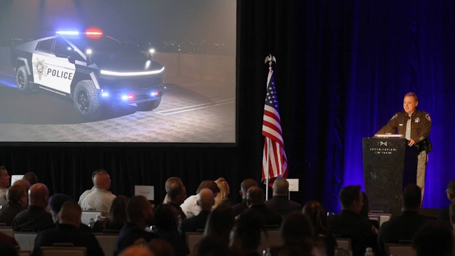 Clark County, NV, Sheriff Kevin McMahill shows a Las Vegas police Tesla Cybertruck during his State of the Department address at Fontainebleau Las Vegas on Tuesday.
