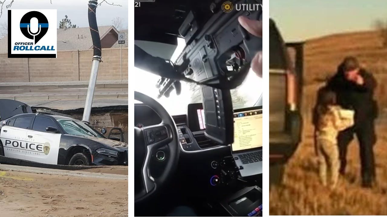 A sinkhole swallows a Rio Rancho, NM, police cruiser (from left). A Lawrence, IN, police officer returns gunfire during a moving shootout. A Kansas Highway Patrol trooper saves a kidnapped 6-year-old girl during a traffic stop.