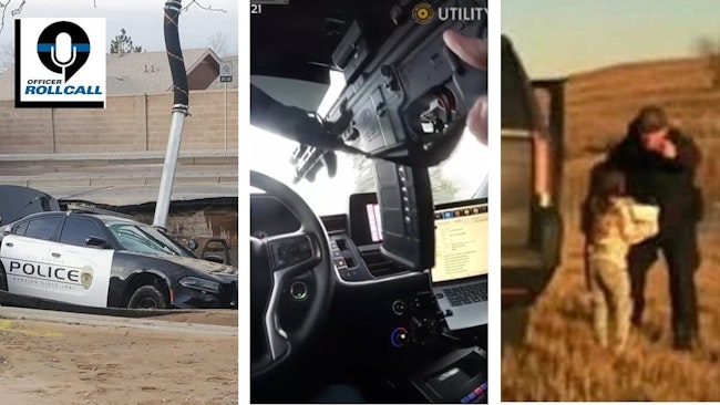A sinkhole swallows a Rio Rancho, NM, police cruiser (from left). A Lawrence, IN, police officer returns gunfire during a moving shootout. A Kansas Highway Patrol trooper saves a kidnapped 6-year-old girl during a traffic stop.