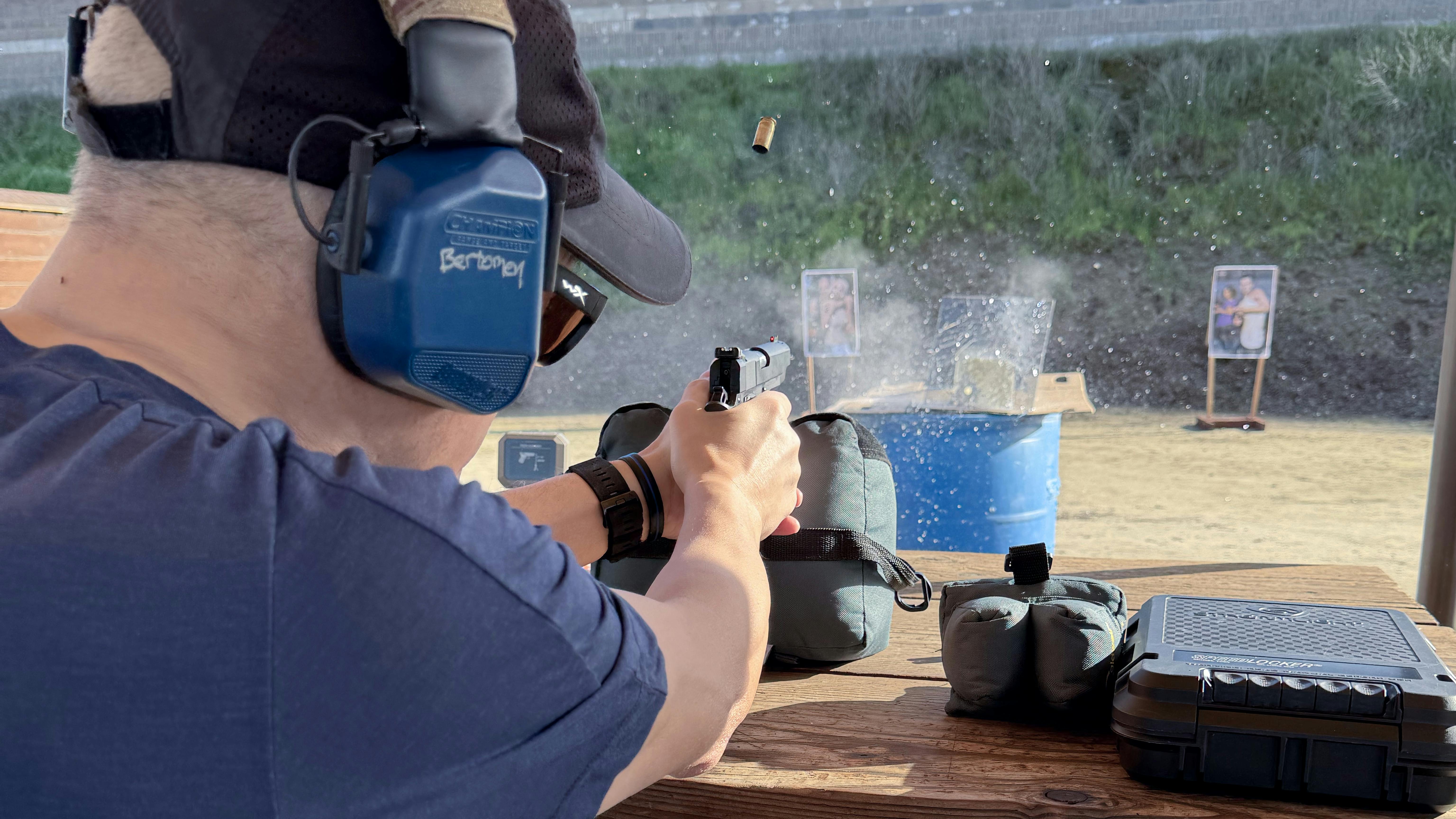 Shooting auto glass with the 72 grain 45 ACP SIM-X DEFENSECORE cartridges demonstrated the dramatic transfer of energy of the bullets. Notice how the muzzle of the gun is flat, even though the brass is still in the air.