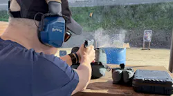 Shooting auto glass with the 72 grain 45 ACP SIM-X DEFENSECORE cartridges demonstrated the dramatic transfer of energy of the bullets. Notice how the muzzle of the gun is flat, even though the brass is still in the air.