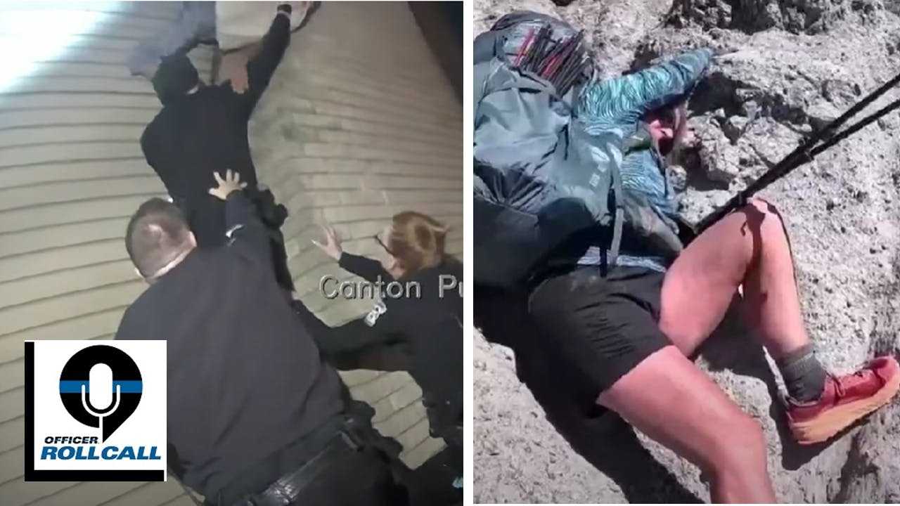 (Left) Canton, MI, police form a 'human pyramid' with neighbors to help save a man with dementia hanging out a window. Riverside County, CA, used its aviation unit to save a hiker who had been 'death gripping' the side of a cliff.