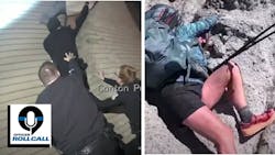 (Left) Canton, MI, police form a 'human pyramid' with neighbors to help save a man with dementia hanging out a window. Riverside County, CA, used its aviation unit to save a hiker who had been 'death gripping' the side of a cliff. (Left) Canton, MI, police form a 'human pyramid' with neighbors to help save a man with dementia hanging out a window. Riverside County, CA, used its aviation unit to save a hiker who had been 'death gripping' the side of a cliff.
