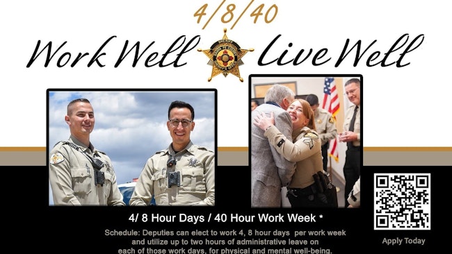 The Santa Fe County Sheriff's Office is promoting the positive results it saw in its pilot program for its “4/8/40” work schedule — four eight-hour shifts and eight hours of administrative leave per week — across his entire agency.