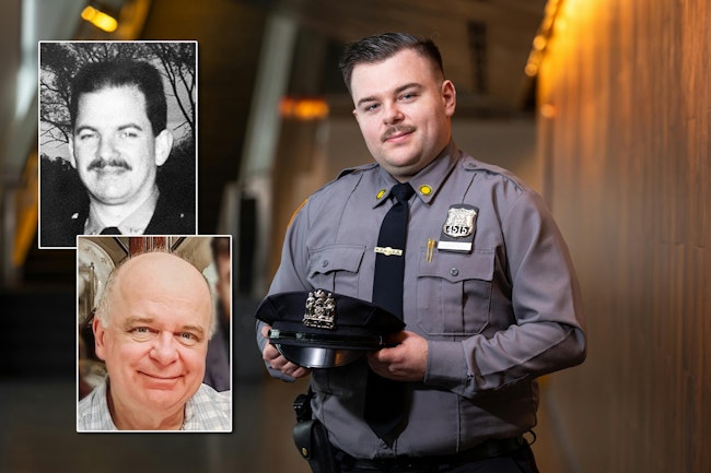 Robert Castioni III (main) graduated from the NYPD Police Academy Thursday. His cousin was slain NYPD Officer Kevin Gillespie (top-left) and his father, Robert Castioni, Jr., was a Homeland Security officer who died from 9/11-related cancer.