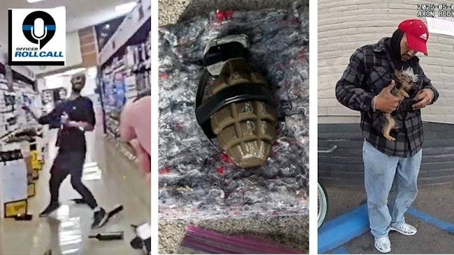 A suspect armed with a knife throws wine bottles at Morgan Hill, CA, police officers (left). Fleeing suspects in a vehicle chase with California Highway Patrol officers tossed a bag with a live grenade with a partially pulled pin inside (center). A trespassing suspect threw a Yorkie dog at Albuquerque, NM, police before running.
