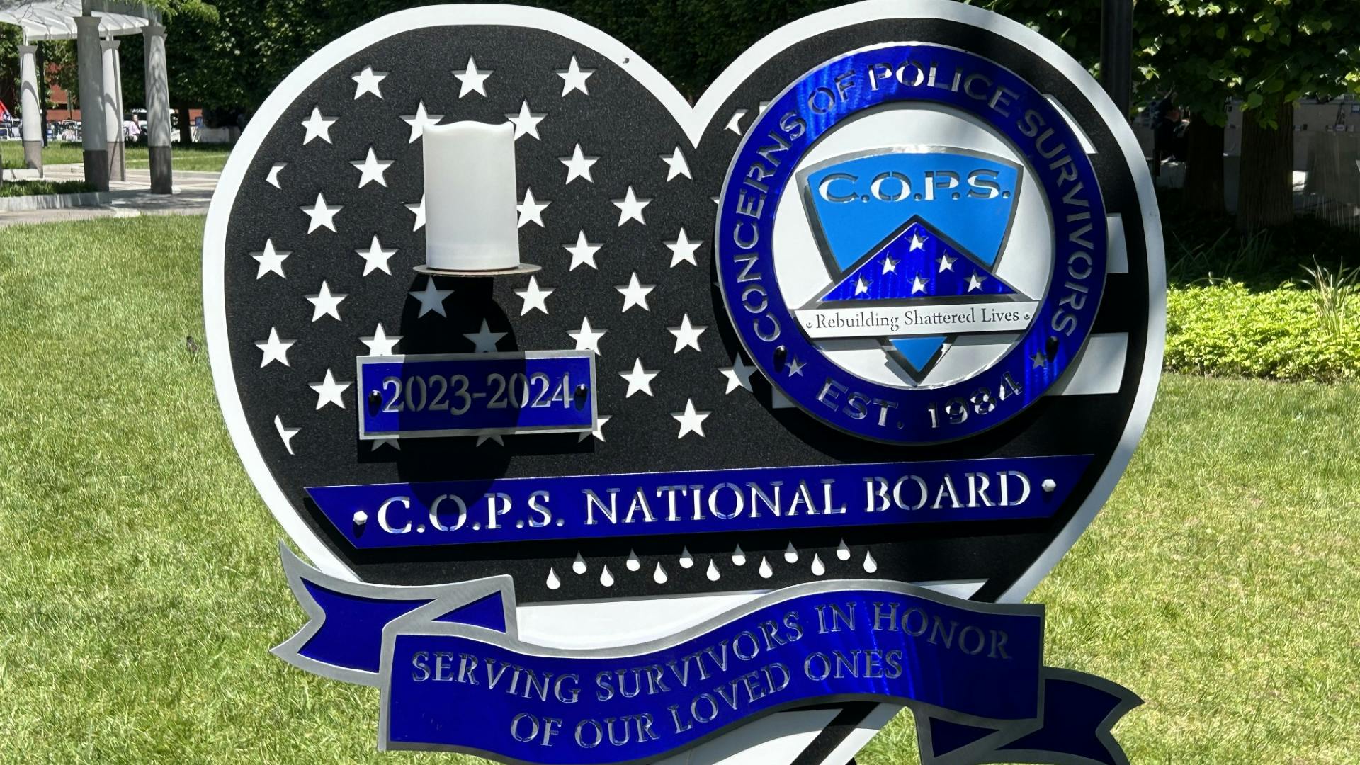 A sign displayed at National Law Enforcement Officers Memorial in Washington, D.C., during National Police Week in 2024.