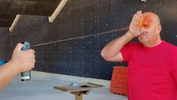 Cpl. Jared Douds (ret.) receives a face full of chemical irritant spray when he volunteered to help test the Defender LE OC product. Cpl. Jared Douds (ret.) receives a face full of chemical irritant spray when he volunteered to help test the Defender LE OC product.