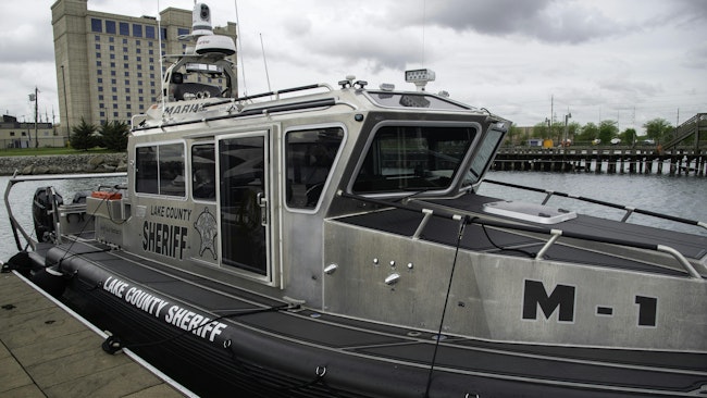The Lake County, IN, Sheriff Department's newest boat, Marine One, sits docked at the East Chicago Marina on Thursday.