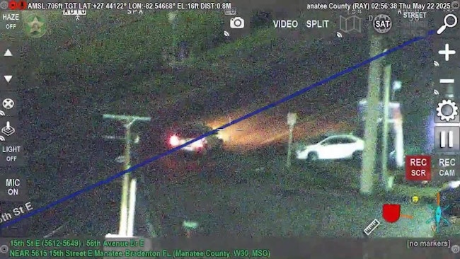 Manatee County Sheriff's Deputies Used Spike Strips To Stop A Fleeing Suspect In A Stolen Vehicle, Its Damage Tires Throwing Off Sparks As The Car Crashed Into A Retention Pond