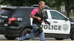 A deputy is seen carrying a rifle during an active shooter training session. A deputy is seen carrying a rifle during an active shooter training session.