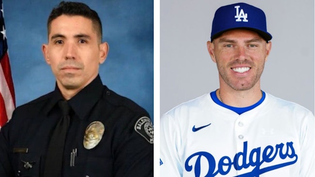 Baldwin Park, CA, Police Officer Samuel Riveros (left) and Los Angeles Dodgers first baseman Freddie Freeman.