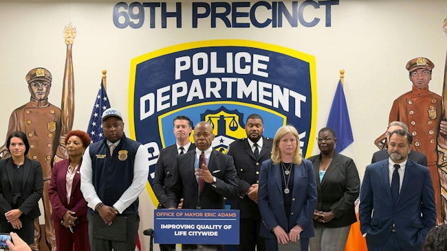 Mayor Eric Adams and NYPD Commissioner Jessica Tisch announce a citywide expansion of the NYPD’s Quality of Life Division during a press conference at the 69th Precinct in Brooklyn on Monday.