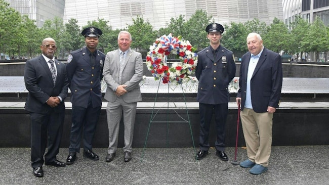 (From left to right) Retired Port Authority of New York and New Jersey Police Department (PAPD) Deputy Chief Keith Walcott Sr., and his son, recruit Keith Walcott Jr.; PAPD Superintendent Edward Cetnar; recruit Sean Krueger; and his grandfather, retired Sgt. Conrad Krueger.