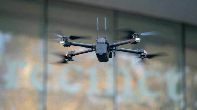 A Skydio X-2 drone is seen at the NYPD Central Park Precinct during a November 2024 press conference.