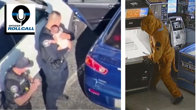 Corona, CA, police officers rescue a child left in a parked 110-degree car (left) and Tuscaloosa, AL, police are trying to solve the mystery of the Scooby-Doo thief.