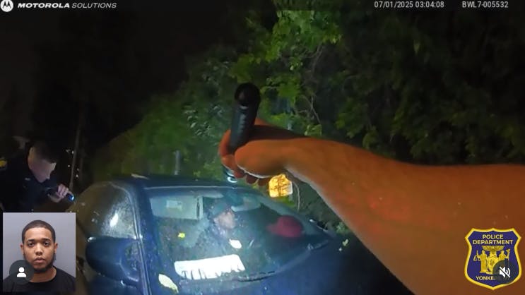 A Yonkers, NY, police officer suffered a leg injury Tuesday when a driver who had been asleep behind the wheel sped away, pinning the officer between his cruiser and the suspect's vehicle.