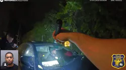 A Yonkers, NY, police officer suffered a leg injury Tuesday when a driver who had been asleep behind the wheel sped away, pinning the officer between his cruiser and the suspect's vehicle.