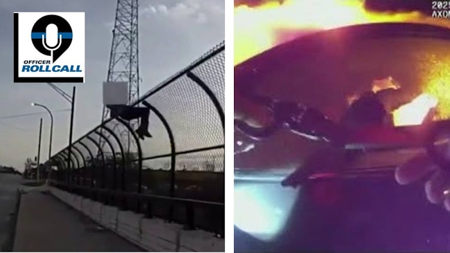 Warren, MI, police stop a man threatening to jump off an overpass (left), and a Goodyear, AZ, police officer rescues a firefighter's daughter trapped in a burning car.