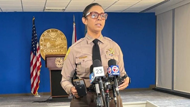 Miami-Dade County, FL, Sheriff Rosie Cordero-Stutz talks to reporters after the Miami-Dade County Commission meeting Wednesday.