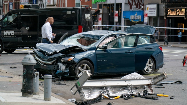 A man and a woman were pronounced dead on scene after a blue Chevy Malibu sedan smashed into them after losing control in the Manhattan bound lanes of the Manhattan Bridge in Manhattan on July 19.