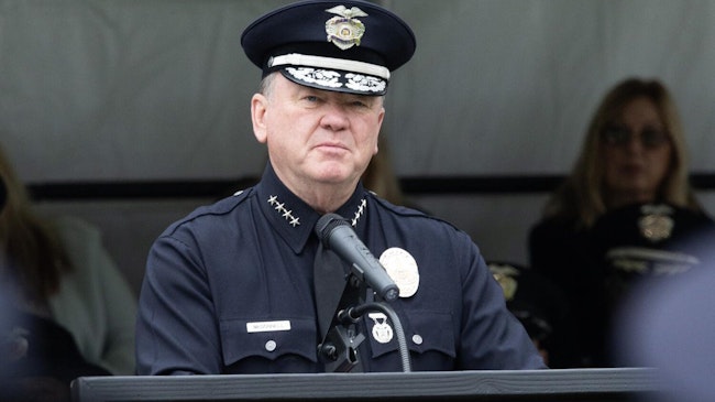 LAPD Chief Jim McDonnell delivers the commencement address during graduation for recruit class 11-24 at the Los Angeles Police Academy in Los Angeles, CA on Friday, May 2, 2025.