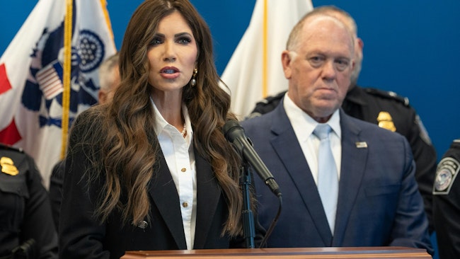 Kristi Noem, secretary of the Department of Homeland Security, speaks during a press conference on Monday, July 21, 2025, in Manhattan, New York.