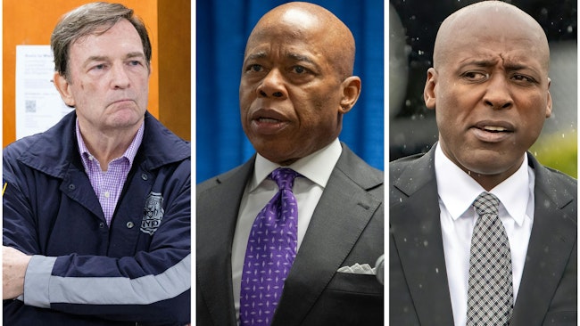 (From left) Former NYPD Commissioner Thomas Donlon, Mayor Eric Adams and former NYPD spokesman Tarik Sheppard. (Gardiner Anderson, Barry Williams,