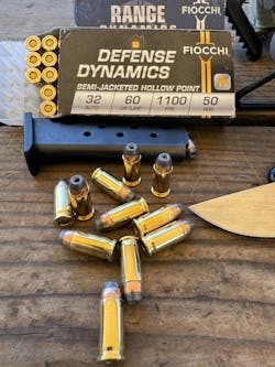The Fiocchi Defense Dynamics 32 Auto SJHP cartridges we tested were amazing. They consistently produced high velocities and rather surprising terminal performance. The Fiocchi Defense Dynamics 32 Auto SJHP cartridges we tested were amazing. They consistently produced high velocities and rather surprising terminal performance.