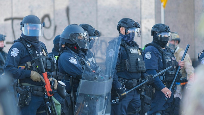 U.S. Border Patrol agents work during an anti-ICE protest in downtown Los Angeles in June.