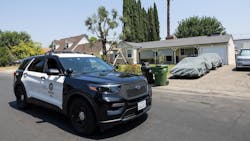Law enforcement officials removed 10 horns from this house in Van Nuys, CA, on Aug. 14. Three horns as loud as train horns were attached to a backyard tree that was blowing at all hours of the day, disrupting the neighborhood. Law enforcement officials removed 10 horns from this house in Van Nuys, CA, on Aug. 14. Three horns as loud as train horns were attached to a backyard tree that was blowing at all hours of the day, disrupting the neighborhood.