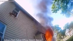 Asbury Park, NJ, police officers caught an 8-year-old boy who jumped from a second-floor window to escape a burning house Monday. Asbury Park, NJ, police officers caught an 8-year-old boy who jumped from a second-floor window to escape a burning house Monday.