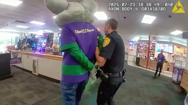 Tallahassee police handcuffed a Chuck E. Cheese employee dressed as the chain pizza place-arcade's mascot after the man was accused of fraudulently using a customer's credit card.