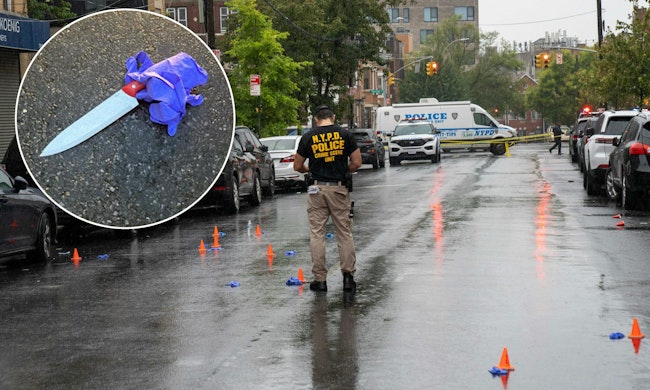 NYPD officers investigate the scene where a man armed with a large knife (inset) was fatally shot by police after slashing an officer in the rear parking lot of the 73rd Precinct stationhouse in Brooklyn on Sunday.
